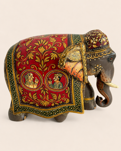 Royal Rajasthani Hand-Painted Wooden Elephant Sculpture / Raja Rani Painting Elephant