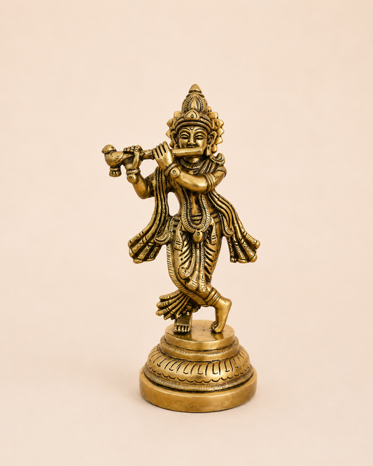 Vintage Wooden Carved Base with Brass Krishna Idol / Complete Set