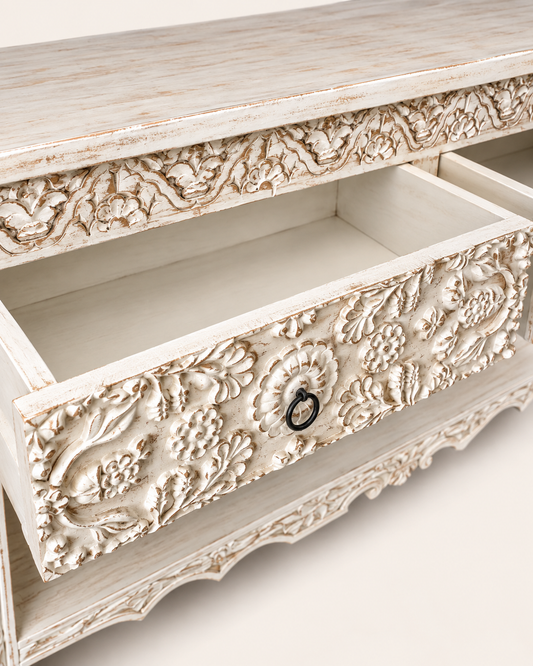 White Hand-Carved Floral Wooden Console Table with Drawer