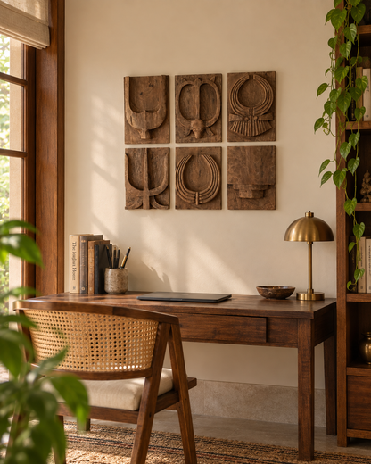 Naga-Inspired Carved Wooden Wall Décor Panels – Set of 6 / Natural Brown Finish