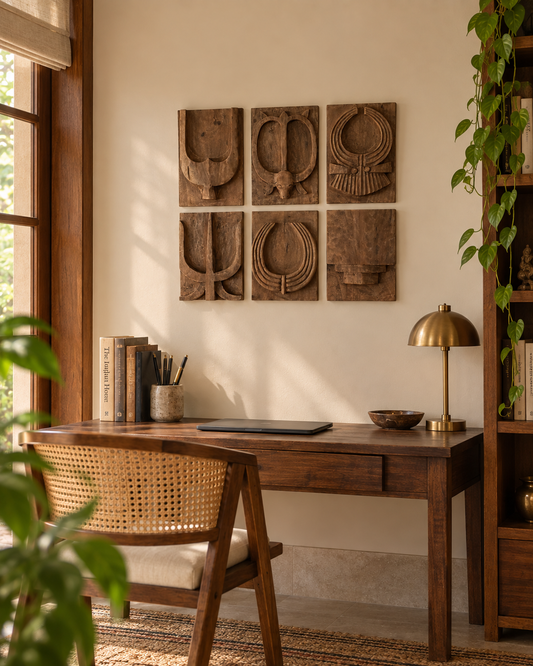 Naga-Inspired Carved Wooden Wall Décor Panels – Set of 6 / Natural Brown Finish