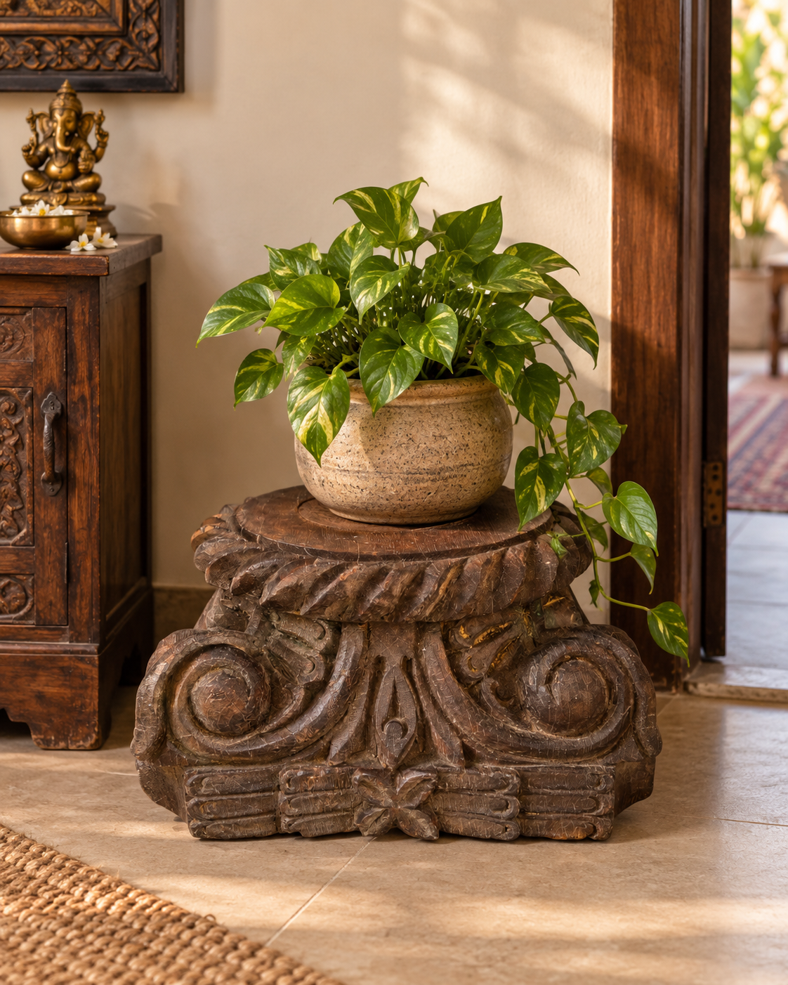 vintage gujarat hand-carved scrollwork wooden pillar base candle holder