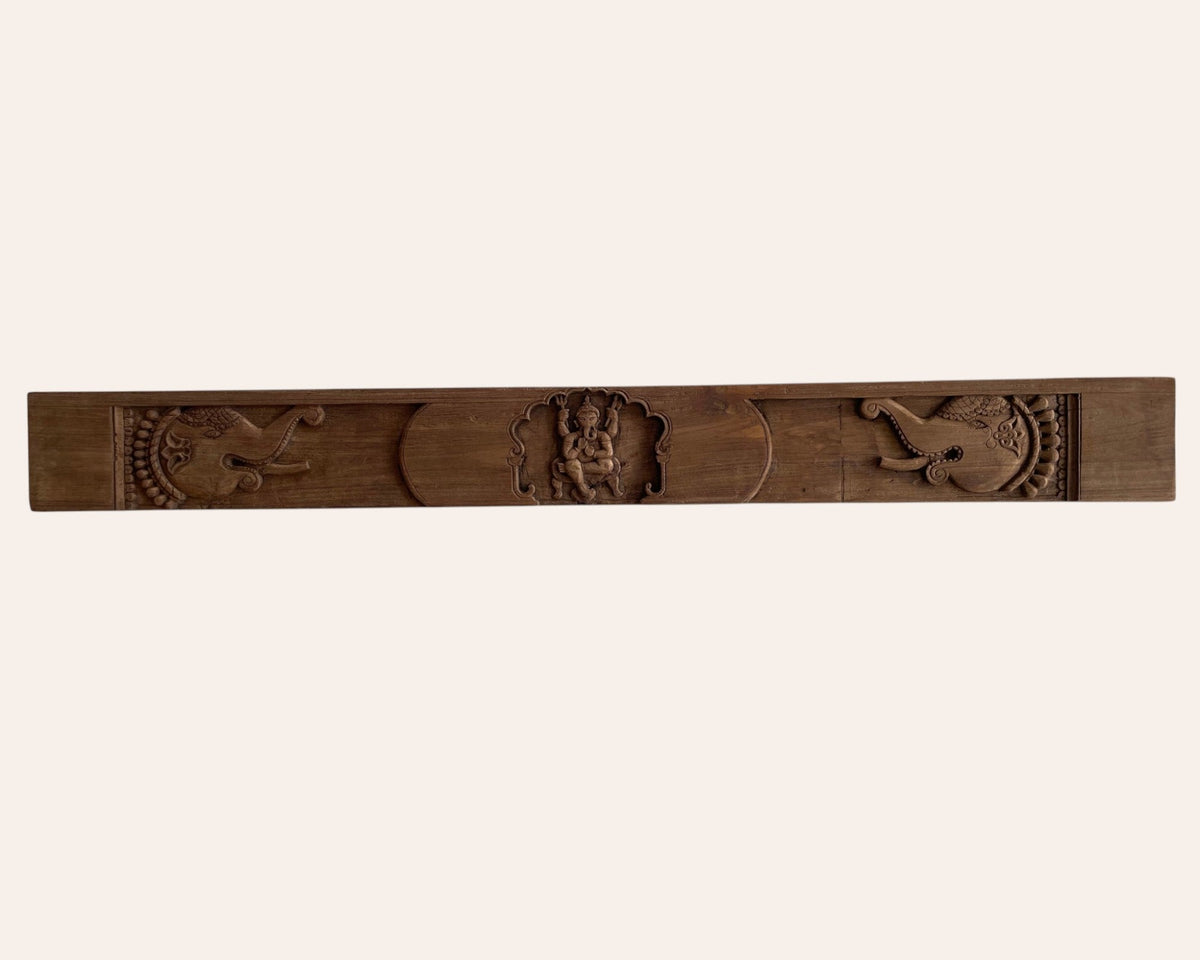 vintage hand-carved ganesh & elephant motif wooden temple wall panel