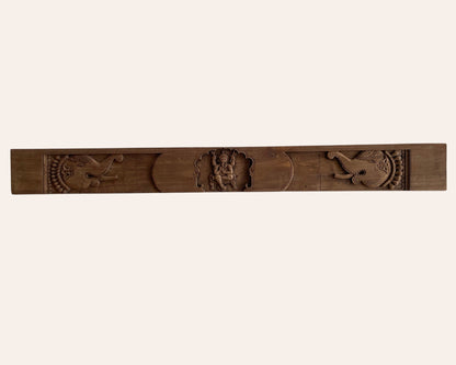 Vintage Hand-Carved Ganesh & Elephant Motif Wooden Temple Wall Panel