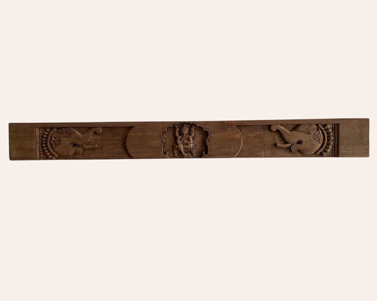 Vintage Hand-Carved Ganesh & Elephant Motif Wooden Temple Wall Panel