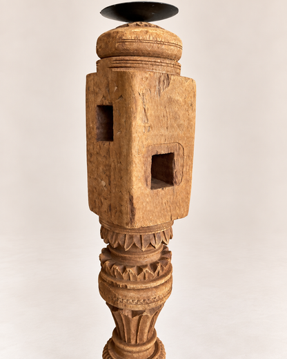 Vintage Carved Wooden Charpai Leg Candle Stand / Statue Holder / Plant Holder - Natural Finish
