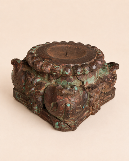 Vintage Distressed Green Hand-Carved Pillar Base Plant, Statue & Candle Stand