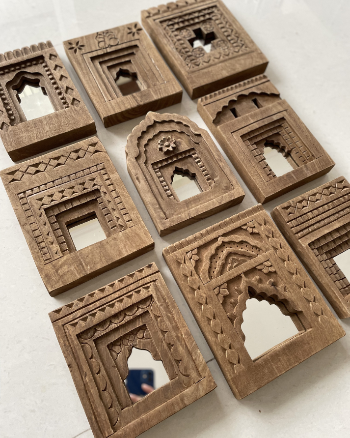 decorative jharokha wooden wall mirror frame (set of 9)