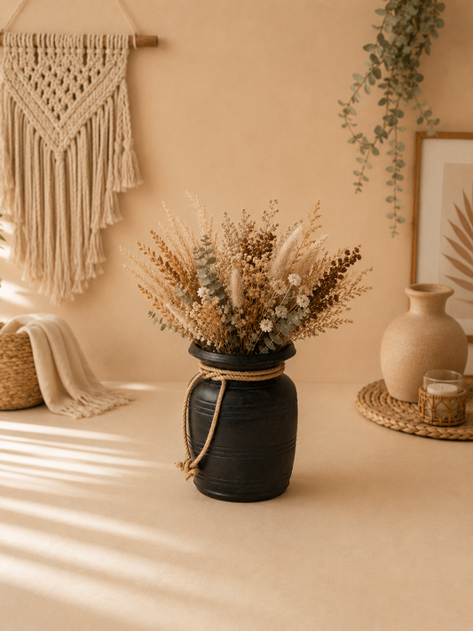 Boho Black Wooden Decorative Pot Vase
