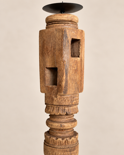 Vintage Hand-Carved Wooden Charpai Leg Candle Stand – Natural Wood Finish