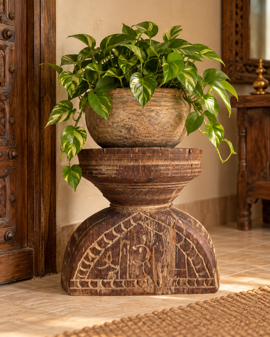 Old Indian Hand-Carved Elephant and Shree Candle, Planter & Statue Holder