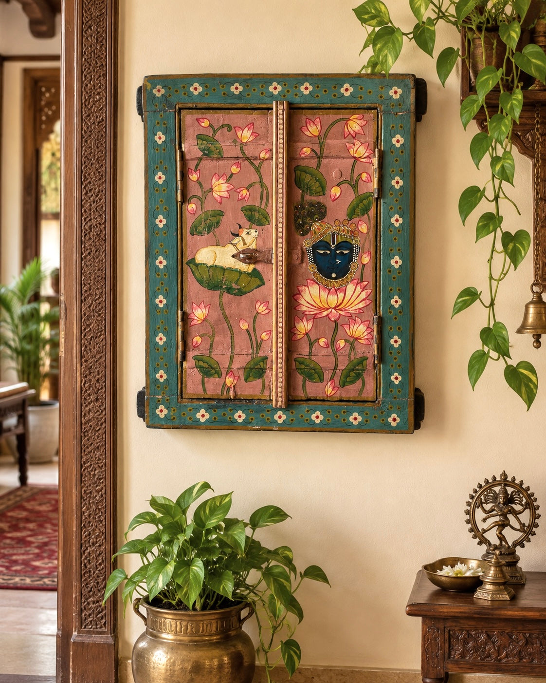 vintage spiritual painting hand-painted wooden window jharokha