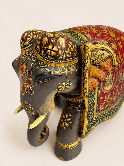 Royal Rajasthani Hand-Painted Wooden Elephant Sculpture / Raja Rani Painting Elephant