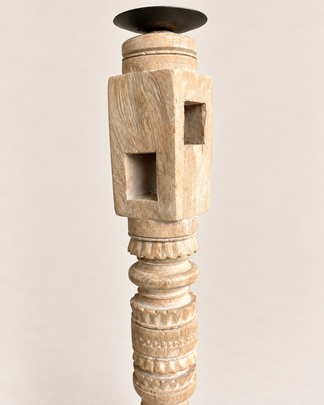 vintage hand-carved wooden charpai leg candle stand – bleach finish