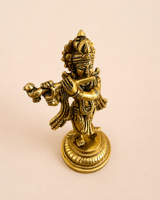 Vintage Wooden Carved Base with Brass Krishna Idol / Complete Set