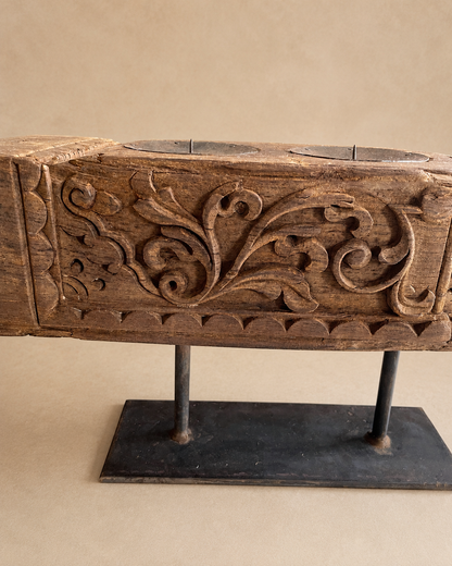 Vintage Hand-Carved Teak Wood Double Candle Holder on Iron Stand