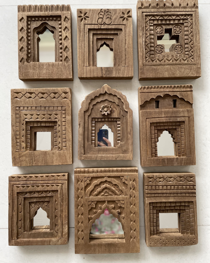 decorative jharokha wooden wall mirror frame (set of 9)