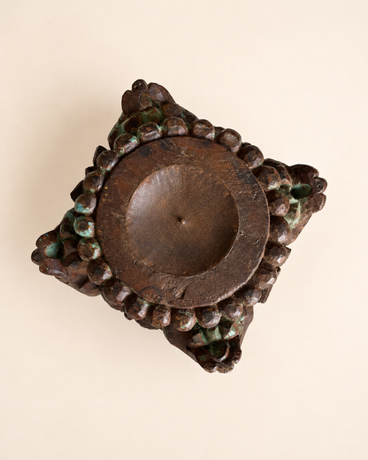 Vintage Distressed Green Hand-Carved Pillar Base Plant, Statue & Candle Stand