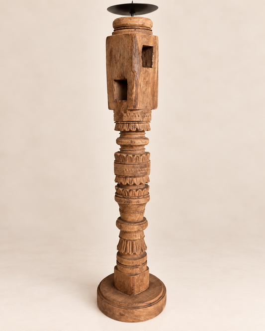 Vintage Hand-Carved Wooden Charpai Leg Candle Stand – Natural Wood Finish