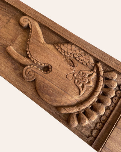 Vintage Hand-Carved Ganesh & Elephant Motif Wooden Temple Wall Panel