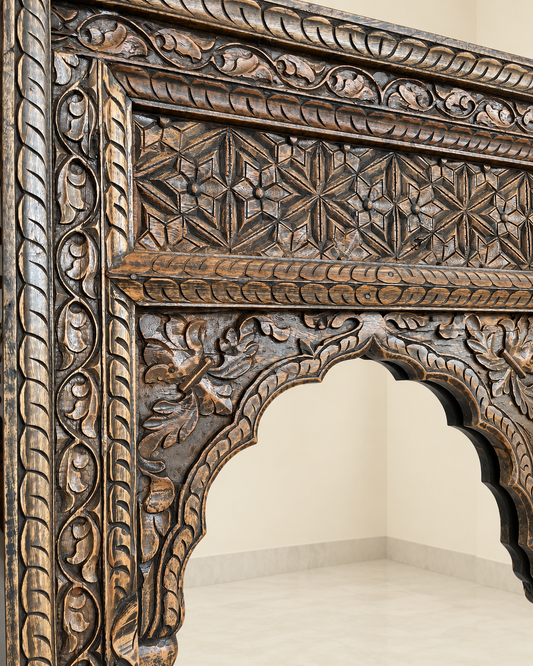 Vintage Hand-Carved Wooden Mirror Frame – Charcoal & Antique Gold Finish
