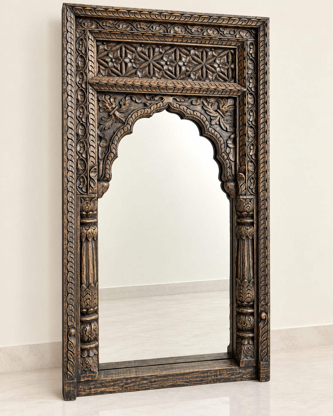 vintage hand-carved wooden mirror frame – charcoal & antique gold finish