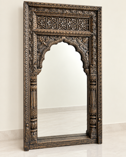 Vintage Hand-Carved Wooden Mirror Frame – Charcoal & Antique Gold Finish