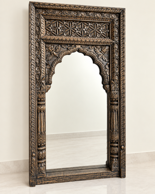 Vintage Hand-Carved Wooden Mirror Frame – Charcoal & Antique Gold Finish