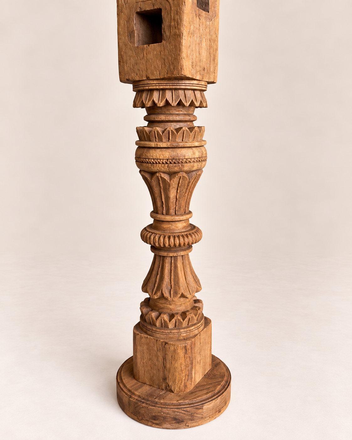vintage carved wooden charpai leg candle stand / statue holder / plant holder - natural finish