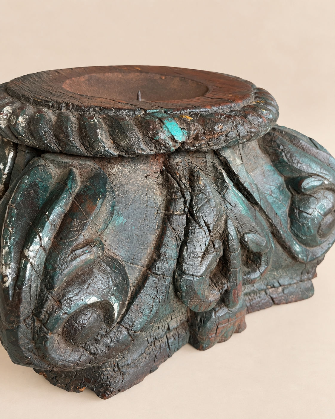 vintage hand-carved wooden candle holder / plant holder / statue holder