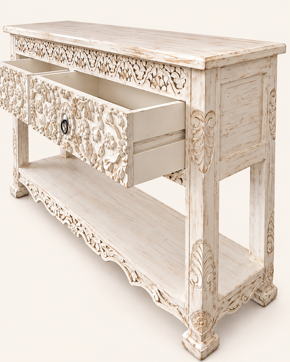 white hand-carved floral wooden console table with drawer