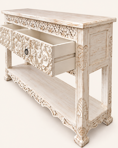 White Hand-Carved Floral Wooden Console Table with Drawer