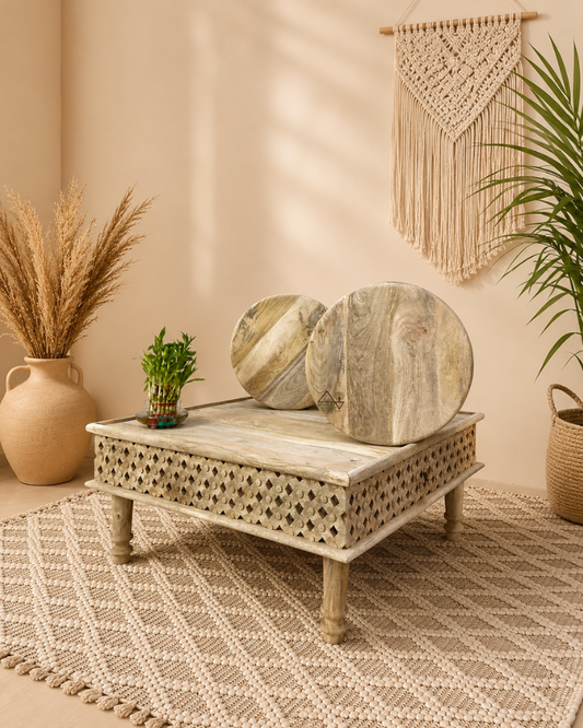 Carved Mango Wood Coffee Table Set with Stools