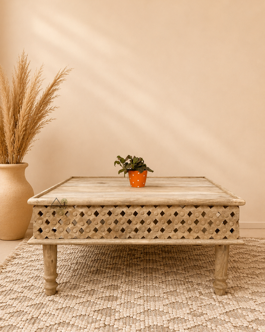 Carved Mango Wood Coffee Table Set with Stools