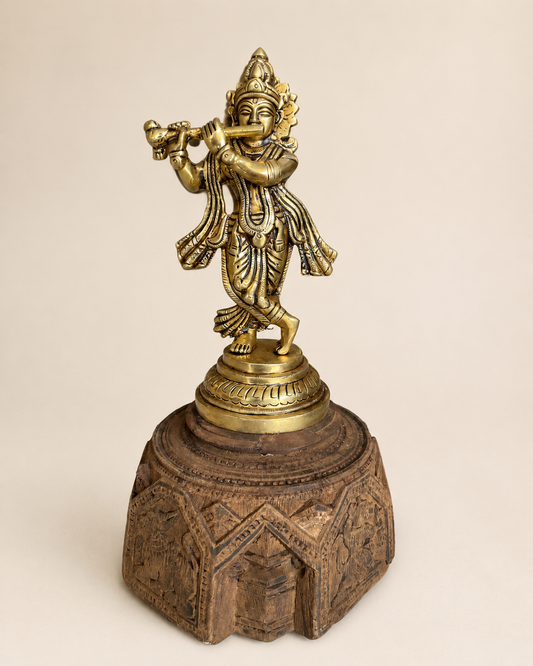 Vintage Wooden Carved Base with Brass Krishna Idol / Complete Set