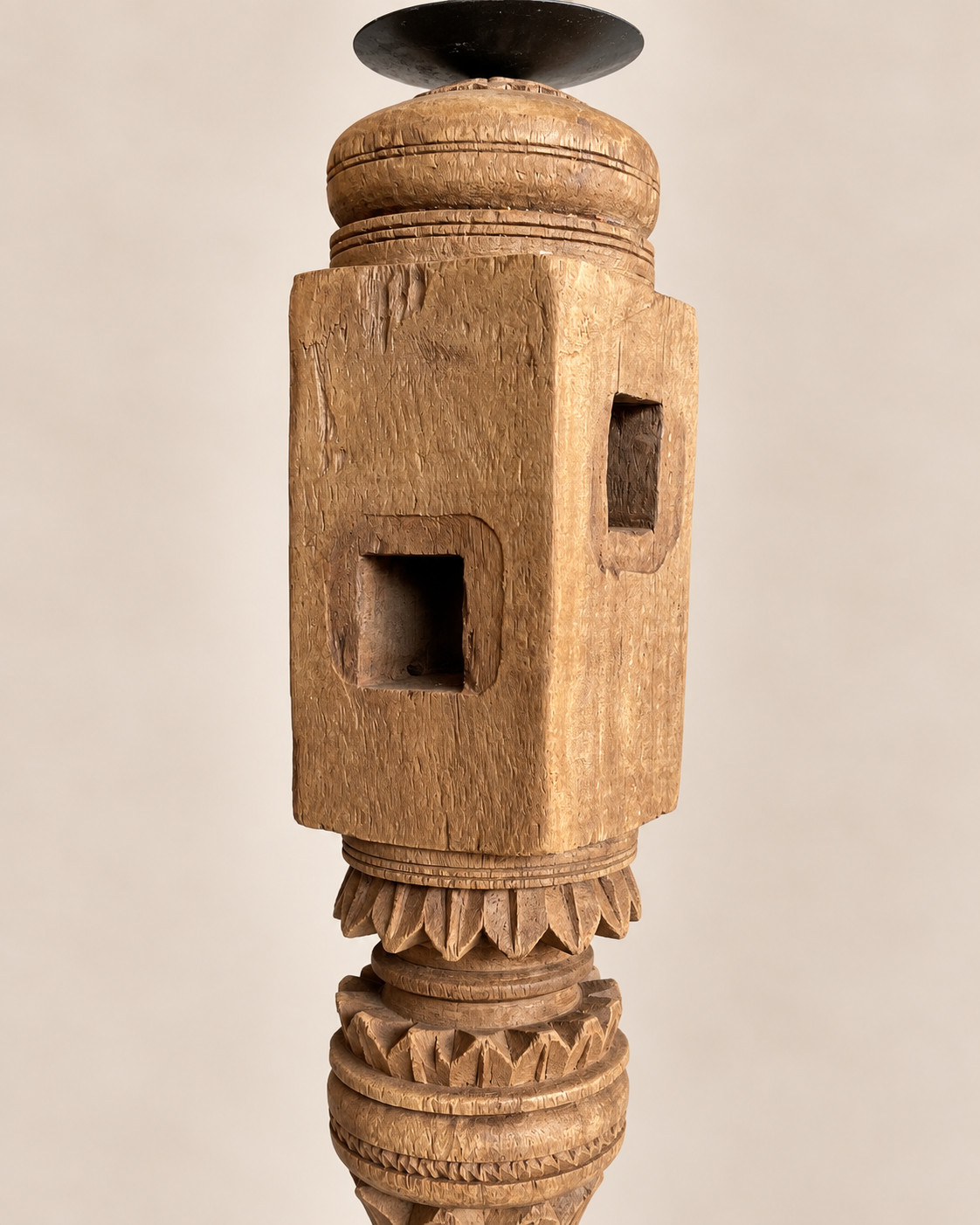 vintage carved wooden charpai leg candle stand / statue holder / plant holder - natural finish