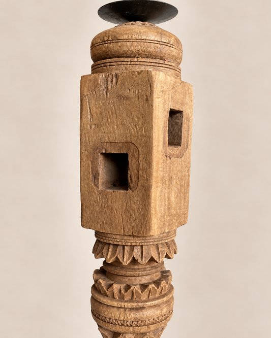 Vintage Carved Wooden Charpai Leg Candle Stand / Statue Holder / Plant Holder - Natural Finish