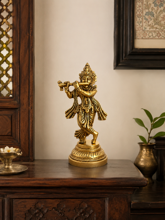 Vintage Brass Lord Krishna Playing Flute Decorative Sculpture