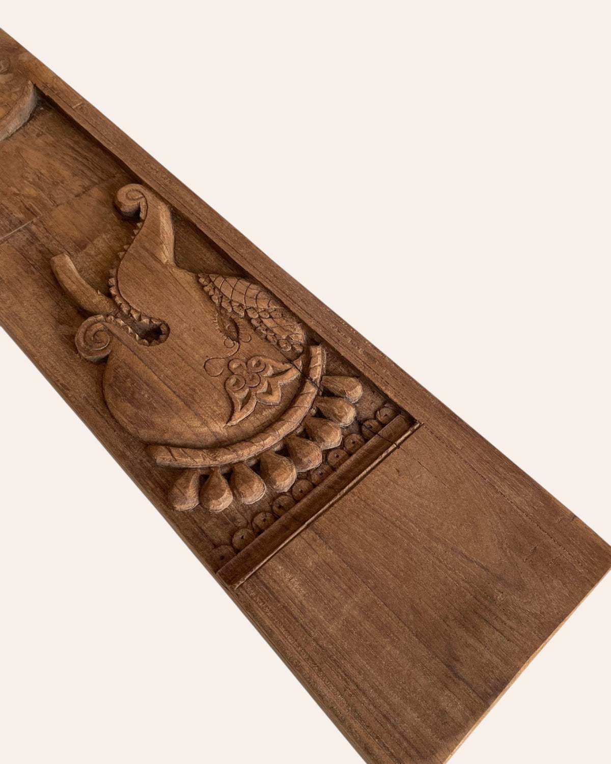 vintage hand-carved ganesh & elephant motif wooden temple wall panel