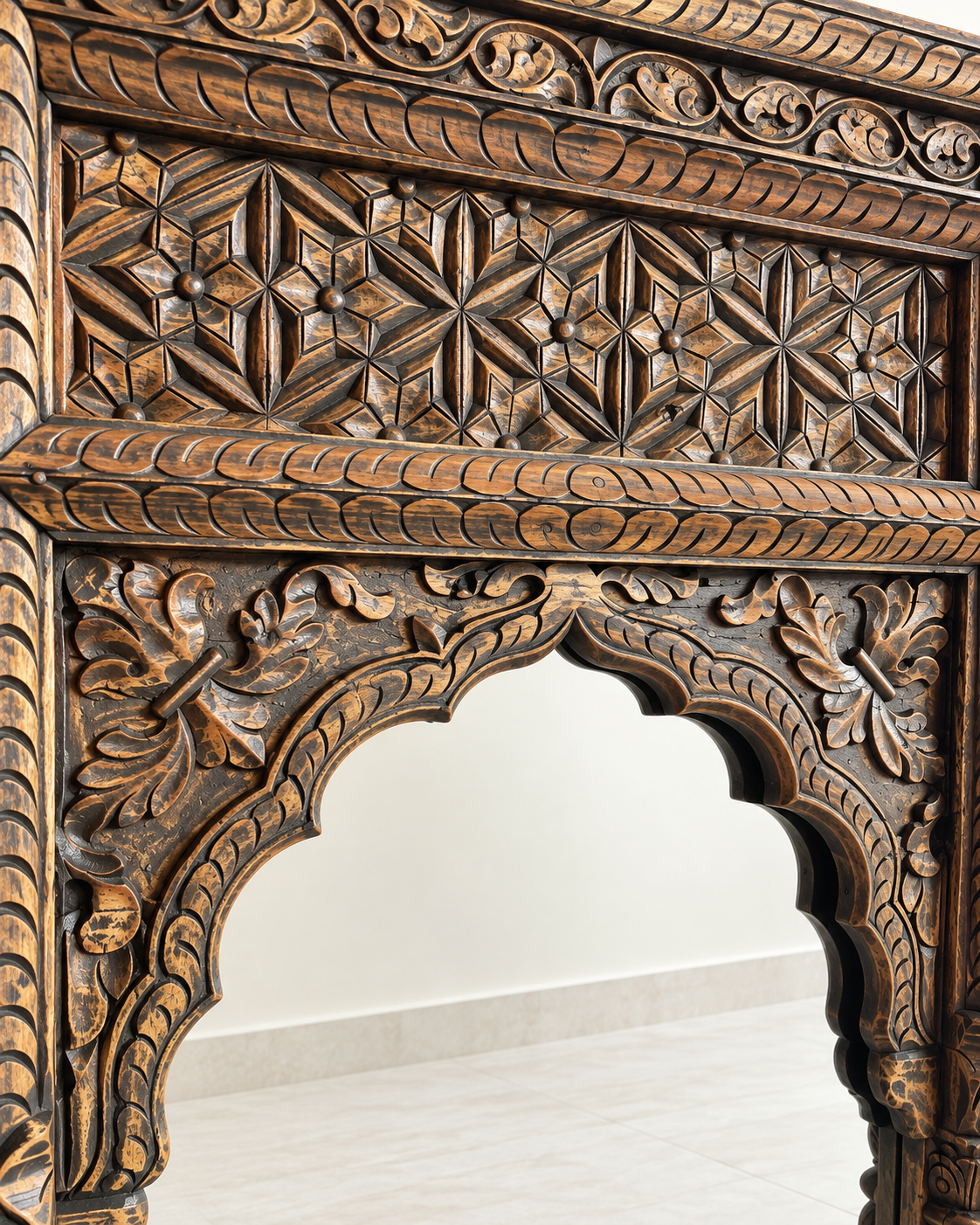 vintage hand-carved wooden mirror frame – charcoal & antique gold finish