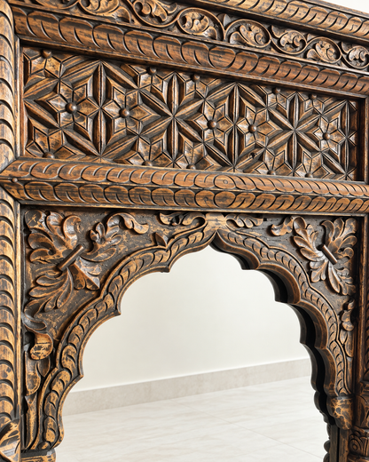 Vintage Hand-Carved Wooden Mirror Frame – Charcoal & Antique Gold Finish
