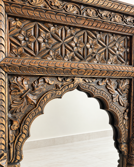Vintage Hand-Carved Wooden Mirror Frame – Charcoal & Antique Gold Finish