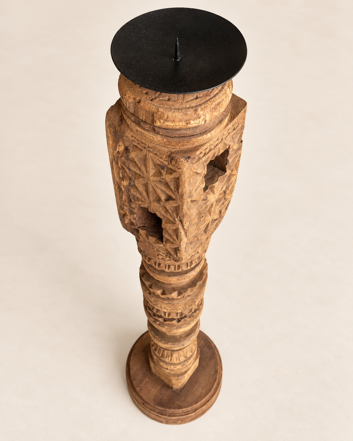 vintage hand-carved wooden charpai leg candle stand – natural wood finish