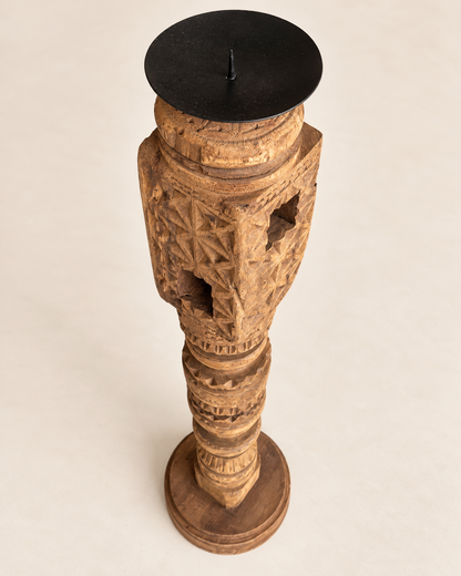 Vintage Hand-Carved Wooden Charpai Leg Candle Stand – Natural Wood Finish
