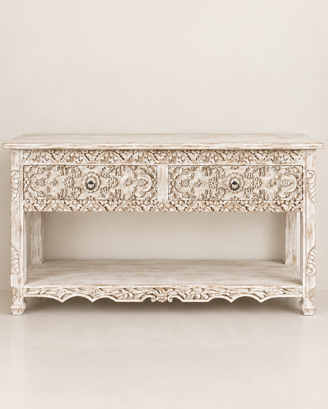 white hand-carved floral wooden console table with drawer