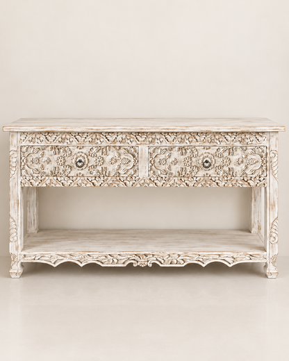 White Hand-Carved Floral Wooden Console Table with Drawer