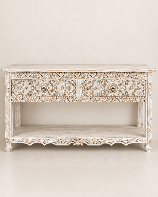 White Hand-Carved Floral Wooden Console Table with Drawer