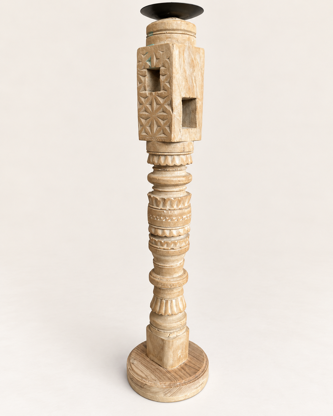vintage hand-carved wooden charpai leg candle stand – bleach finish