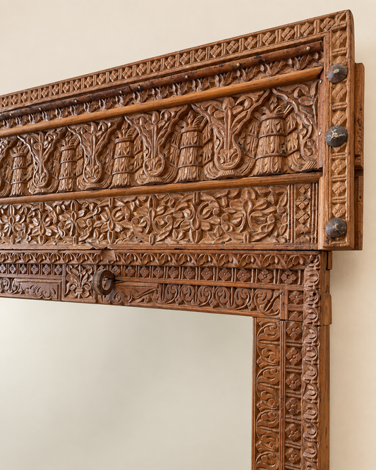 Vintage Architectural Wooden Mirror Frame with Craved Panel