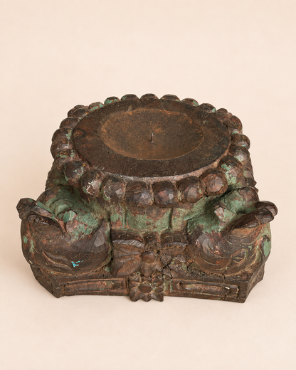 Vintage Distressed Green Hand-Carved Pillar Base Plant, Statue & Candle Stand